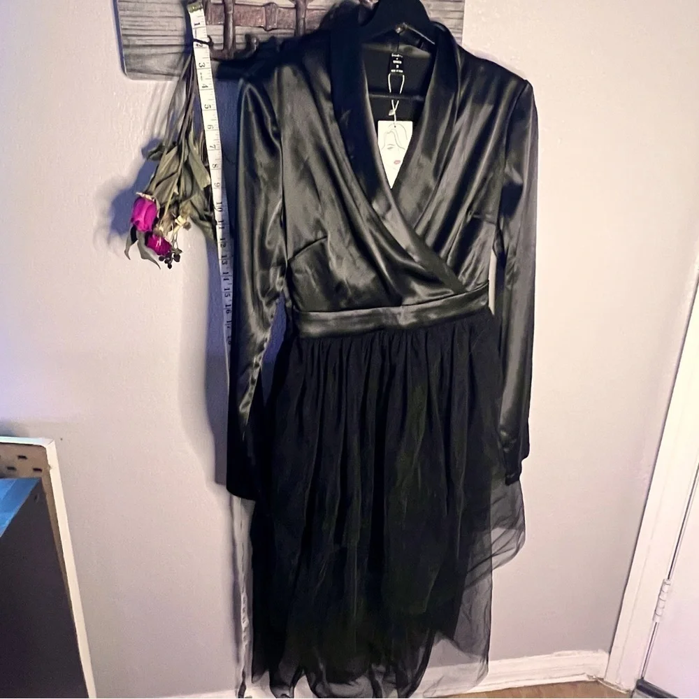 SHEIN x Farah NWT | Black Shawl Collar Mesh Hem Dress. Satin & Tulle🫀😻 s…